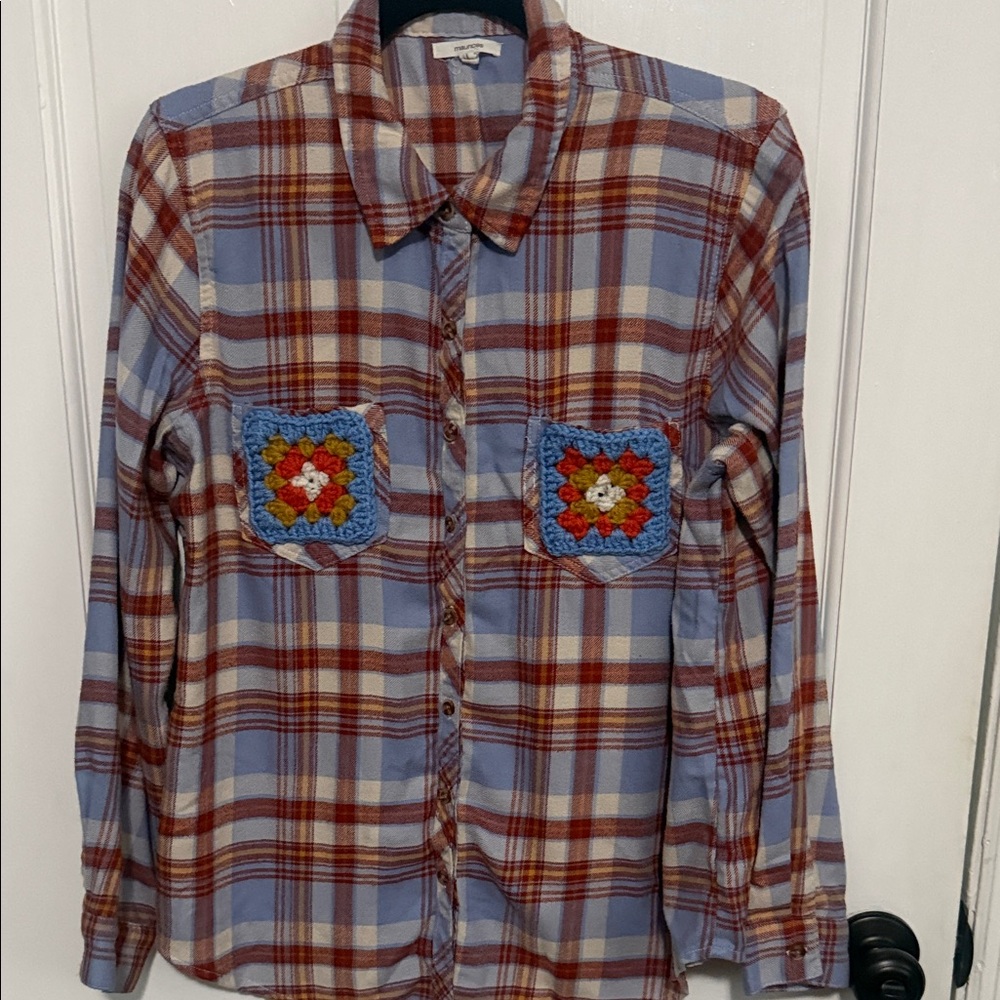 Maurices Light Blue and Rust Plaid Button-Up Shirt with Crochet Pocket Accents